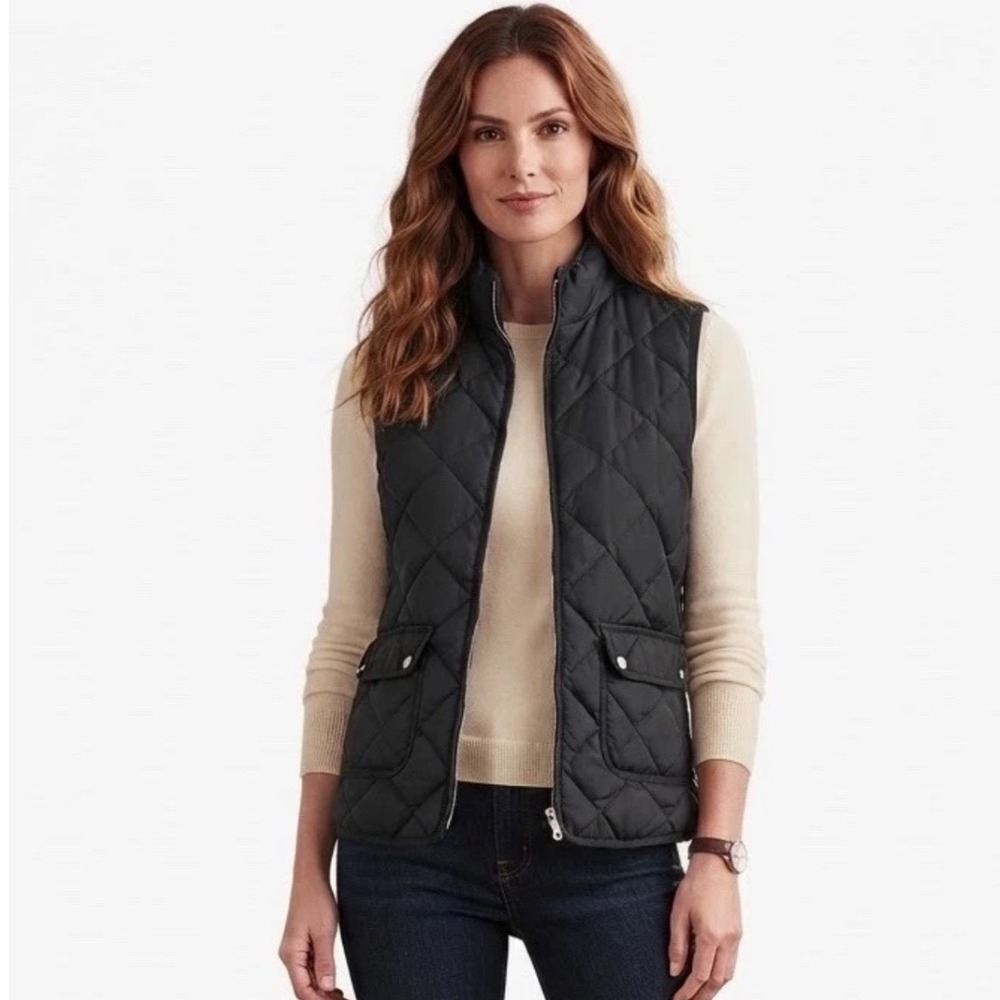 Woolrich Black Quilted Down Puffer Vest Women's Size Med Full Zip Mock Neck